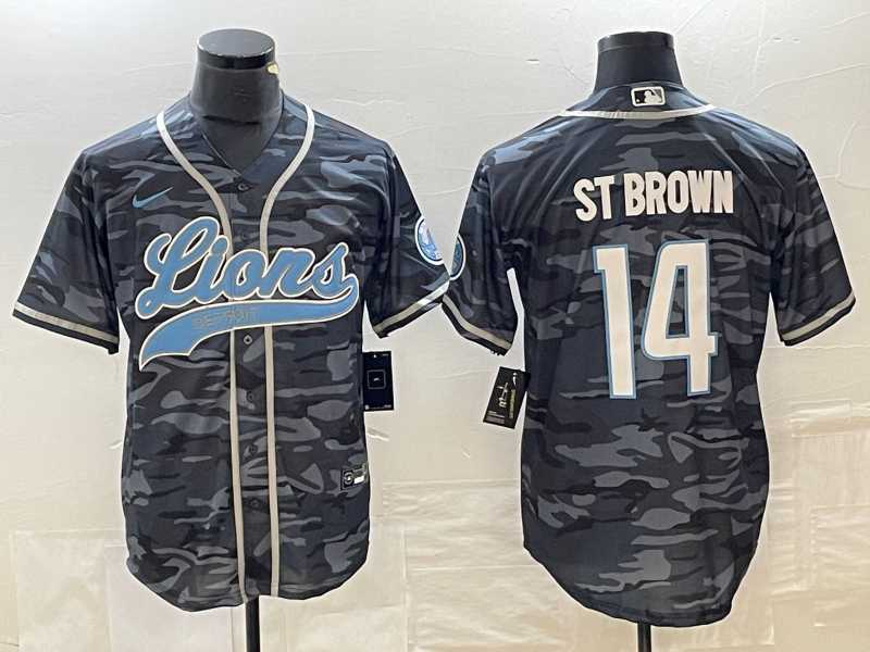 Men%27s Detroit Lions #14 Amon Ra St Brown Grey Camo With Patch Cool Base Baseball Limited Jersey